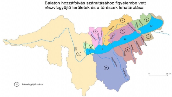 Balaton hozzáfolyás számításához figyelembe vett részvízgyűjtő területek és tórészek lehatárolása