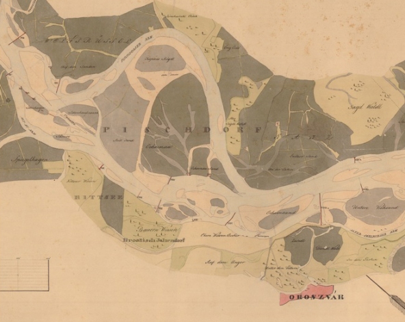 A Duna-mappáció egy térképének részlete, amely Oroszvár (a mai Rusovce)  környékét ábrázolja